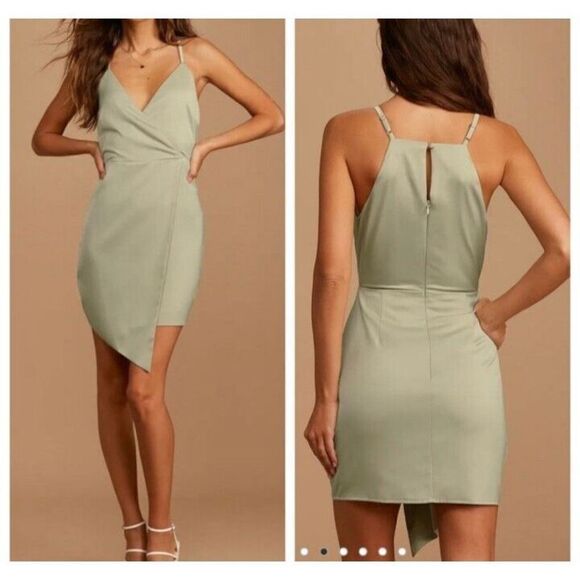 Lulu's Dress Green What a Stunner Sage Green Satin Mini Dress Size Small - Picture 6 of 6